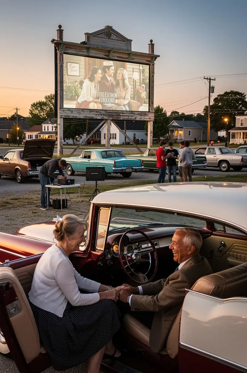 Панорамный вид на открытый кинотеатр на колесах в природной зоне с указателями популярных туристических троп