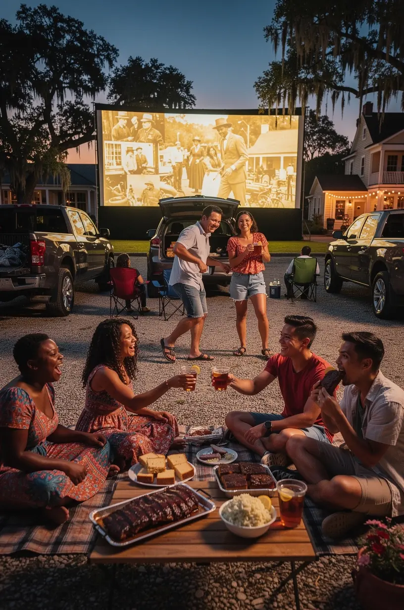 Семья смотрит фильм на большом экране в автокинотеатре с тематикой местных историй и культурных традиций